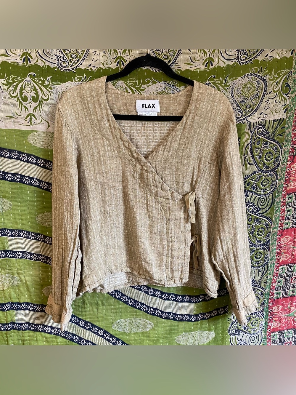 Flax Khaki 100% Linen Wrap Lagenlook Blouse Medium Cottagecore Bohemian